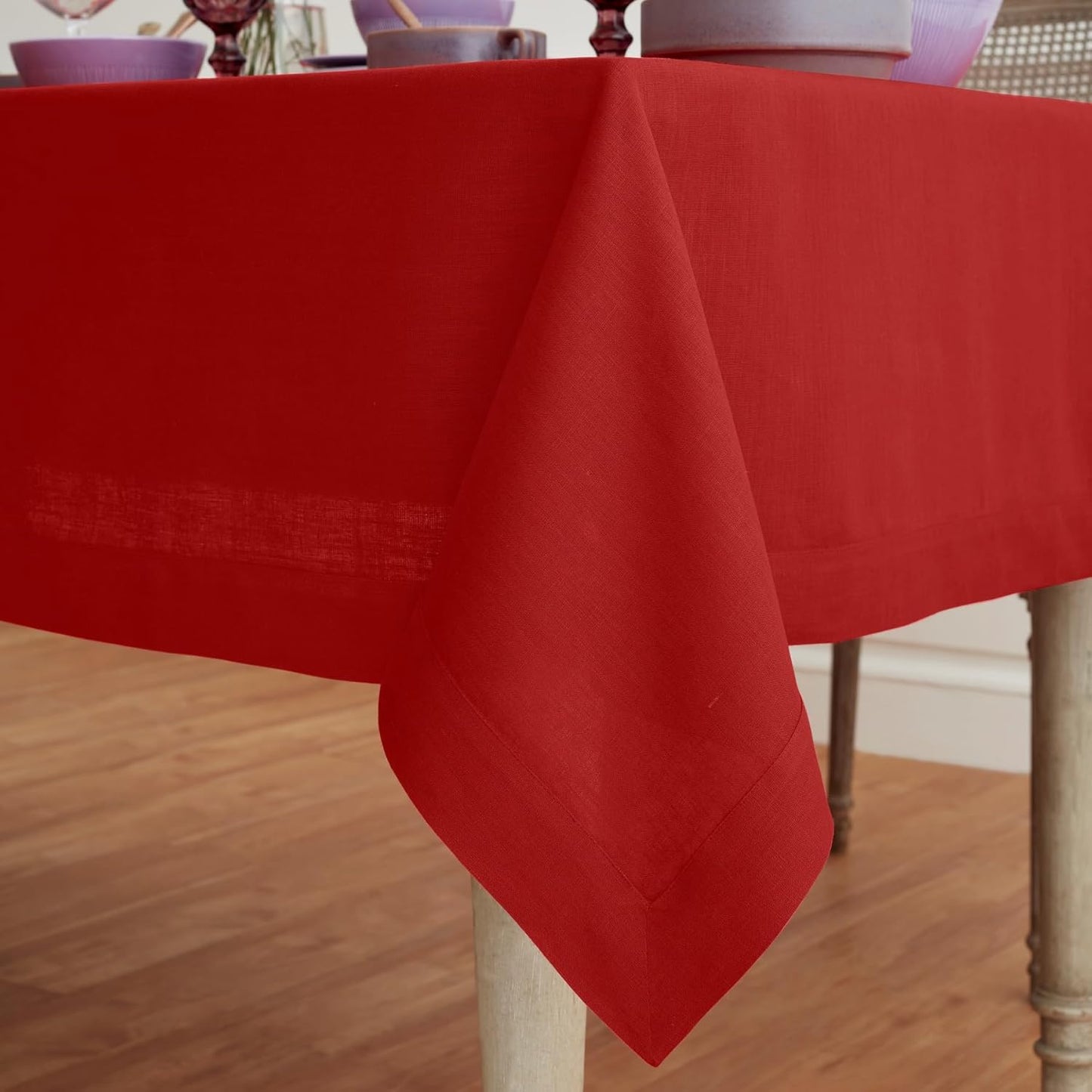 Solino Home Linen Red Tablecloth 60 x 120 Inch - 100% Pure Linen Rectangular Tablecloth - Machine Washable Table Cloth for Christmas, Holiday - Fete
