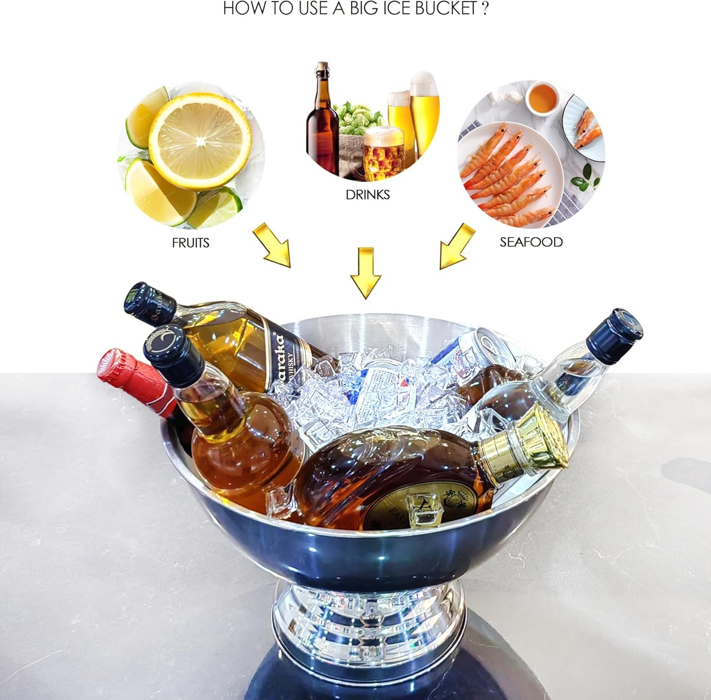 Winsterch 18/8 Stainless Steel Ice Bucket for Parties,Beverage Tub Party Bucket,Banquet Champagne Ice Bucket Big Ice Bucket for Parties,Drink Chiller for Parties, Round,8QT (2 Gallon)