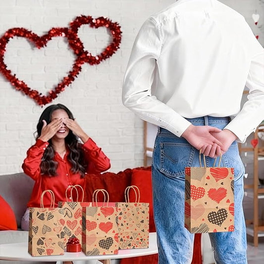 piqiya 24pcs Valentine Gift Bags Bulk,Kraft Paper Gift Bag with Handle,Valentines Gift Bags for Gift Wrapping,Anniversary,Valentine‘s Day Party