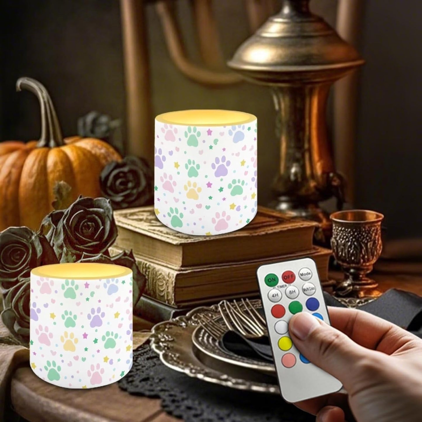 Poceacles LED Flameless Candles Set of 4 Flickering Night Lights with Remote and Timer, Stylish Design Battery Operated Candles for Indoor Outdoor Decorations, Cute Paw Star Love Print White