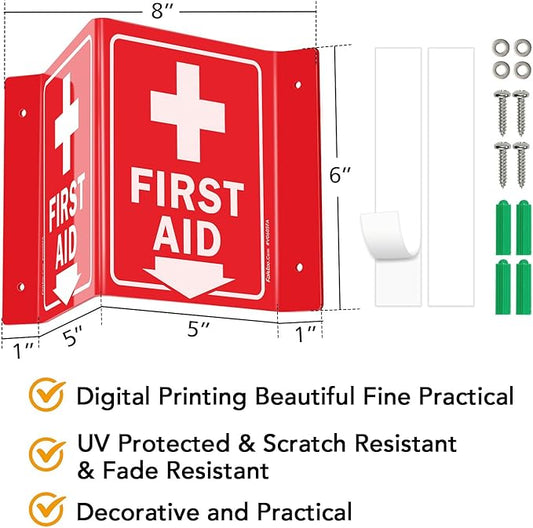 Faittoo First Aid Sign, 3 Pack First Aid with Cross Symbol - 6 x 8 Inches V-Shaped Acrylic Plastic, 4 Pre-Drilled Holes, Includes Matching Screws, Use for Home Office/Business