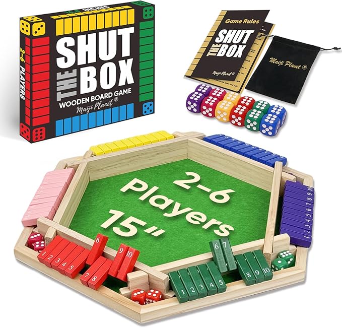 Maiji Planet Original Classic 2-6 Player Shut The Box Game, Math Dice Board Game for Family Night Classroom Travel, Wooden Classic Table for Group Kid Adult Senior Travel Party Bar Easy Quick and Fun