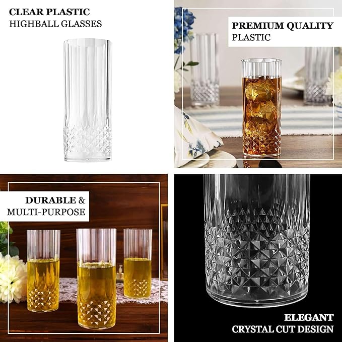 Efavormart 6 Pack Ocean Blue Crystal Cut Reusable Plastic Highball Drink Glasses, Shatterproof Tall Cocktail Tumbler Cups - 14oz