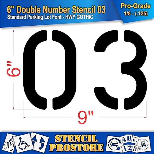 Pavement, Curb, and WheelStop Stencils - 6 inch Double Number Stencil - (03) - 6" x 9" x 1/8" (128 mil) - Pro-Grade