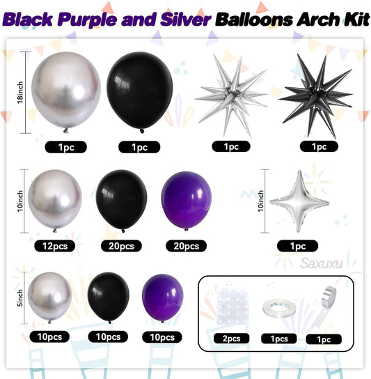 Purple Black Balloon Arch Kit, Black Purple Silver Balloons garland Arch kit, Sliver Star Foil Balloons For Birthday Baby Shower Party Wedding Bachelorette Bridal Shower Graduation Halloween Decor