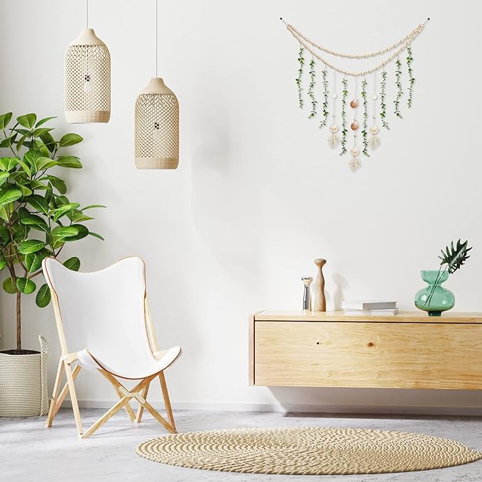 Hanging Eucalyptus Boho Wall Decor Large Boho Bedroom Wall Hanging Wooden Bead Garland Artificial Eucalyptus Natural Greenery Decoration, 36 x 36 Inch (Simple Color, Shell Style)
