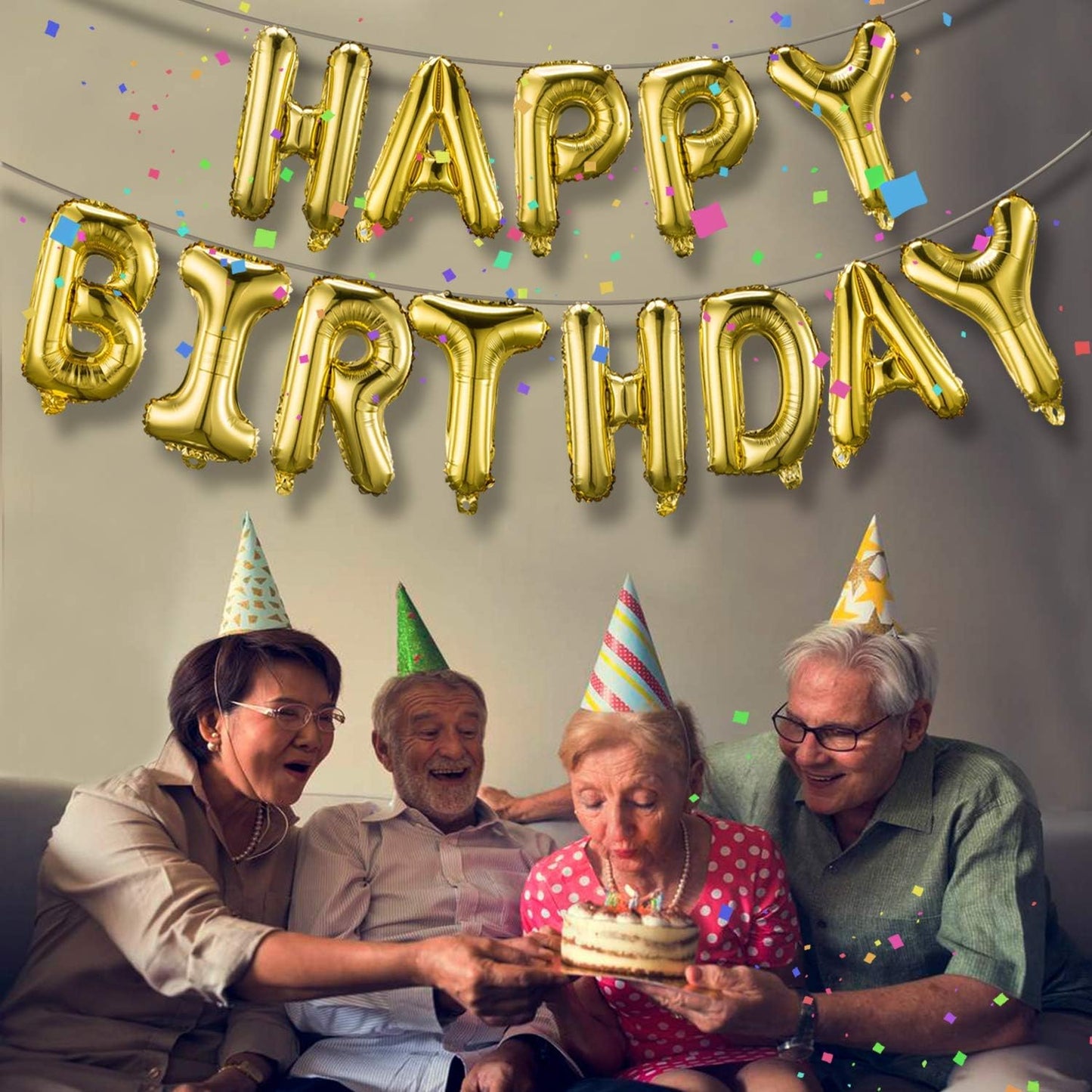 TONIFUL 3D Gold Happy Birthday Balloons Banner with Ribbon Straw, 16 Inch Mylar Foil Letters Birthday Sign Banner Balloon Bunting Reusable for Girls Boys Kids & Adults Birthday Halloween Supplies