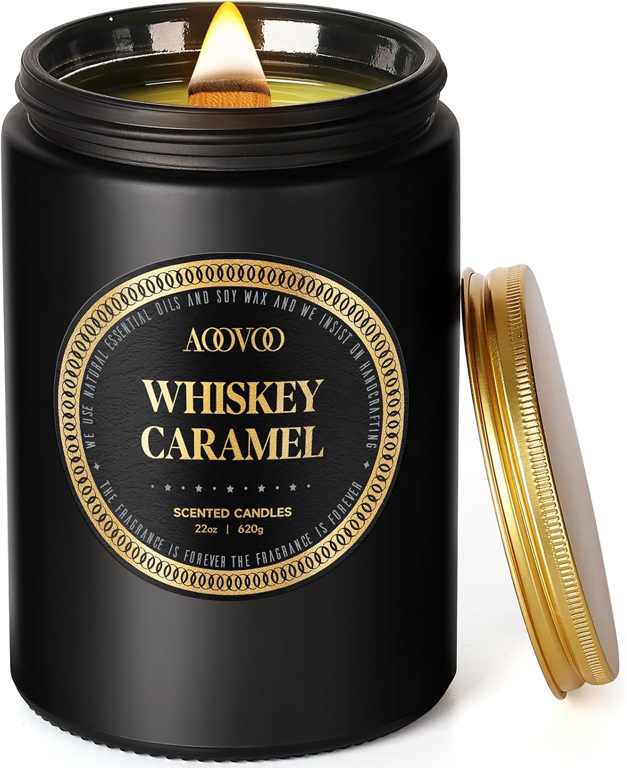 AOOVOO Scented Candles for Men - Large 22oz 120 Hours of Burn Time, Whiskey Caramel Candles for Home Scented | Crackling Wood Wick Soy Candle | Strong Fragranced Black Candle Gift for Women & Men