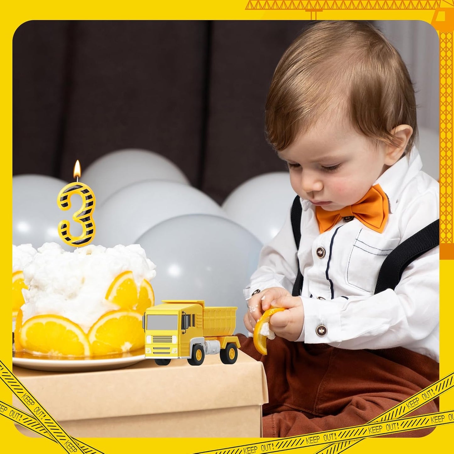 Construction Number 3 Candle, Number 3, Modern, Yellow+Black, Uniscented, Long Burning, Odorless, Indoor, All Season, Construction Themed Birthday Candle