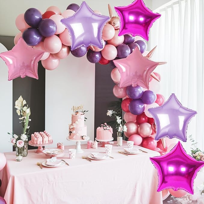 Pink and Purple Star Foil Balloons, 10PCS Pink Foil Stars Shape Balloons, 18 Inch Metallic Purple Stars Balloon for Helium Pentagram Balloon for Girls Birthday, Princess, Anniversary Party Decoration