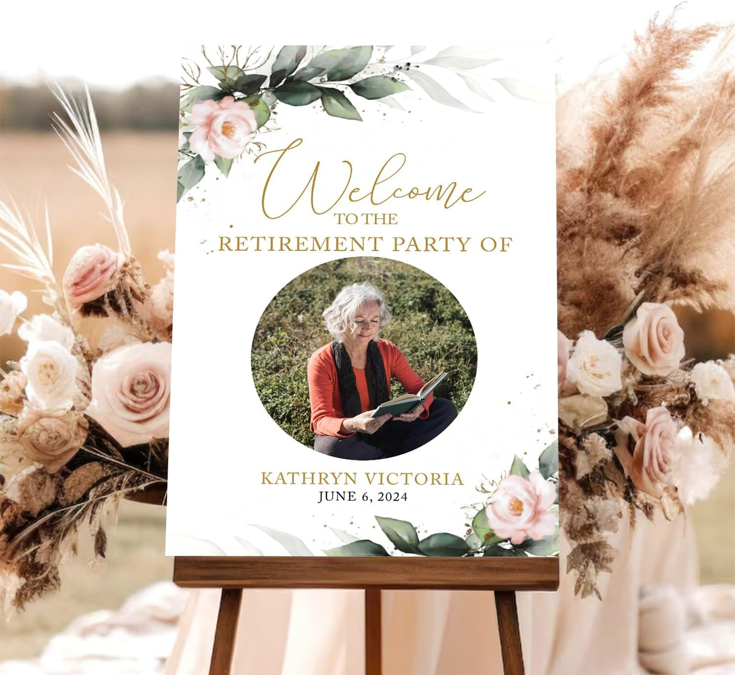 Greenery Retirement Welcome Sign - Modern Celebration Photo Sign for Outdoor Events