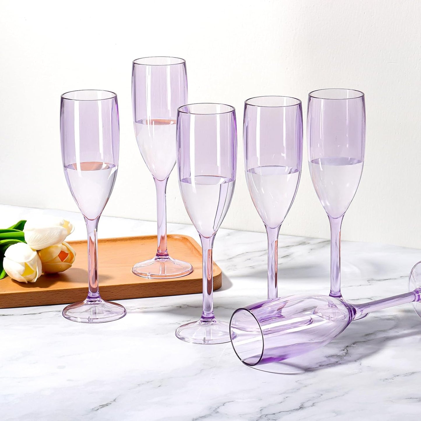 XUWAIDSGN 10 Pcs Champagne Flutes Plastic Wine Glasses Bulk Vintage Champagne Flutes Mimosa Bar Glasses Stemmed Drinking Cups 5.4OZ for Christmas Birthday Wedding Bride (10, Clear purple)