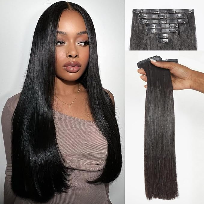 LUVME Clip in Hair Extensions 2 Pack 18Pcs 270g Real Human Hair, Seamless Clip in Hair Extensions 18 Inch Real Human Hair Natural Black Silky Straight Full Head