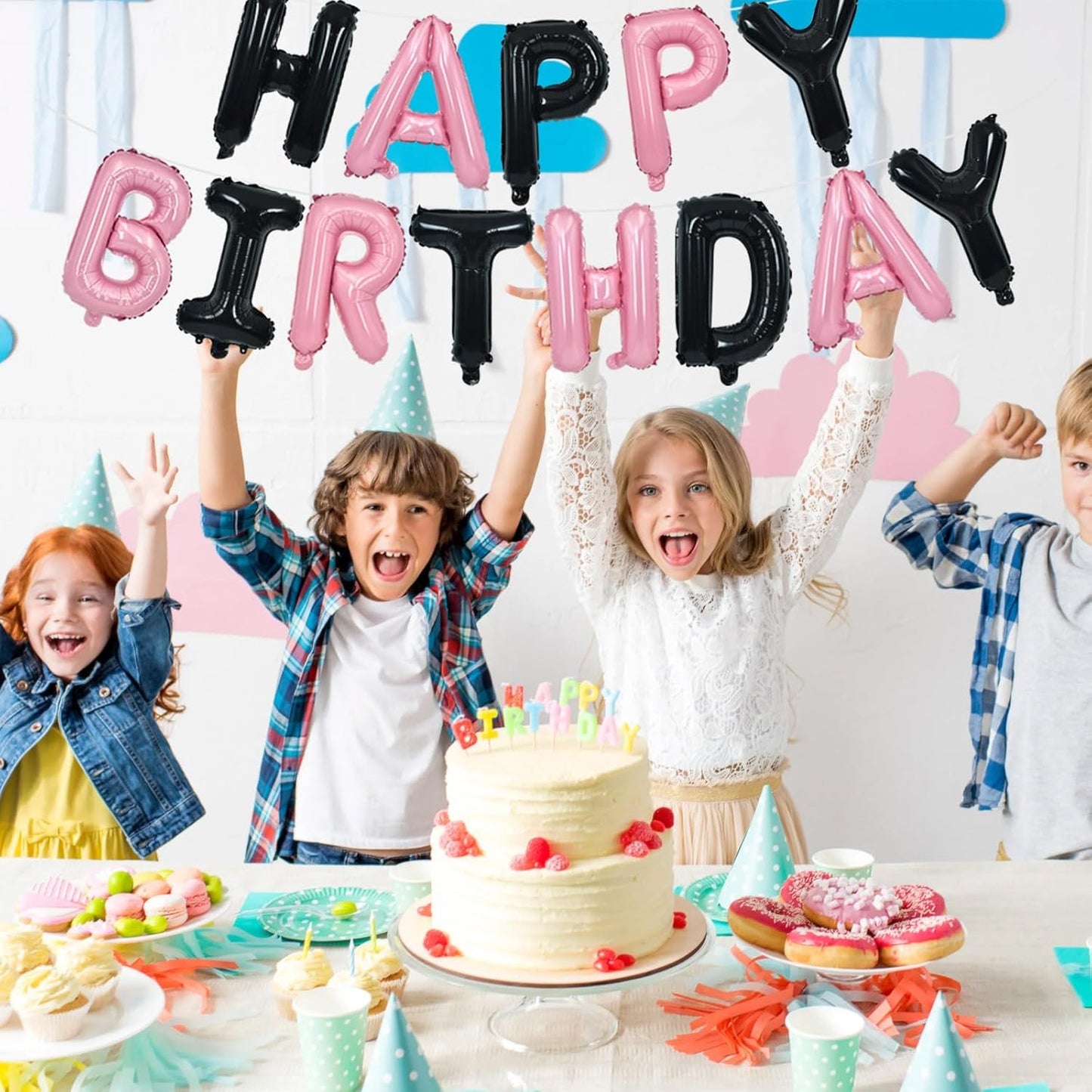 TONIFUL Happy Birthday Balloons Banner 16 Inch Mylar Foil Letters Birthday Sign Reusable for Girls Boys Kids & Adults Birthday Party Decorations Supplies（Black Pink）