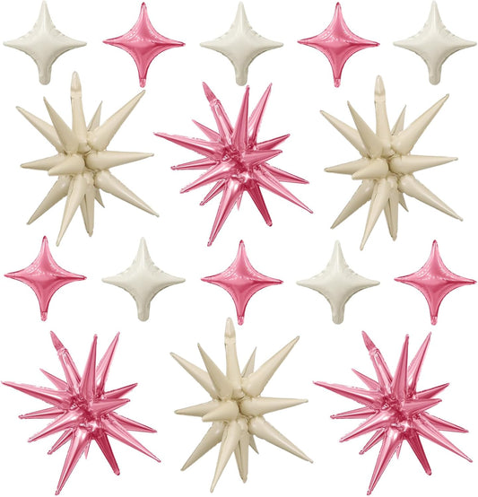 Pink White Star Balloon,Sand White Pink 6Pcs 22Inch Explosion Star Balloons and 10Pcs 10Inch Four Angle Balloons Kit for Birthday Anniversary Baby Shower Wedding Party Decorations
