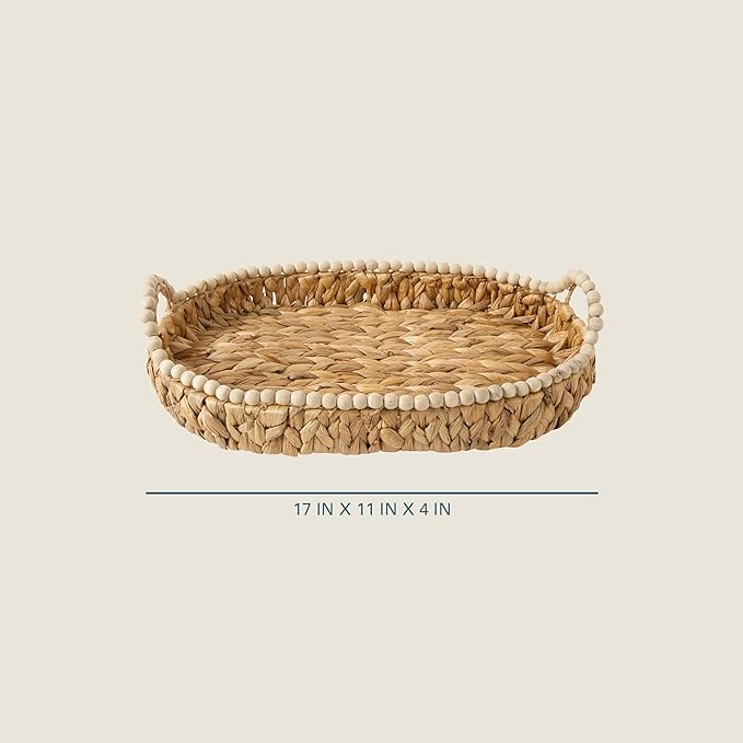 Gibson Home Riverrun Grove 17" Woven Decorative Serving Tray – Large Natural Water Hyacinth Basket w/Wood-Bead Trim & Handles for Coffee Table Décor, Ottomans, Centerpieces & Kitchen Counter Display