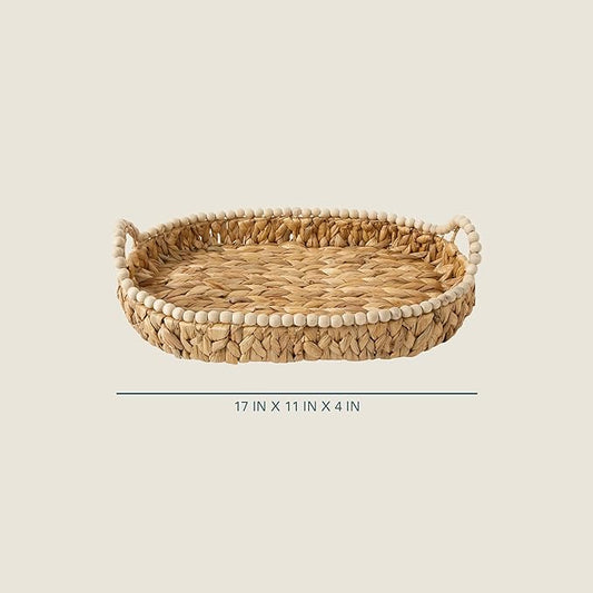 Gibson Home Riverrun Grove 17" Woven Decorative Serving Tray – Large Natural Water Hyacinth Basket w/Wood-Bead Trim & Handles for Coffee Table Décor, Ottomans, Centerpieces & Kitchen Counter Display
