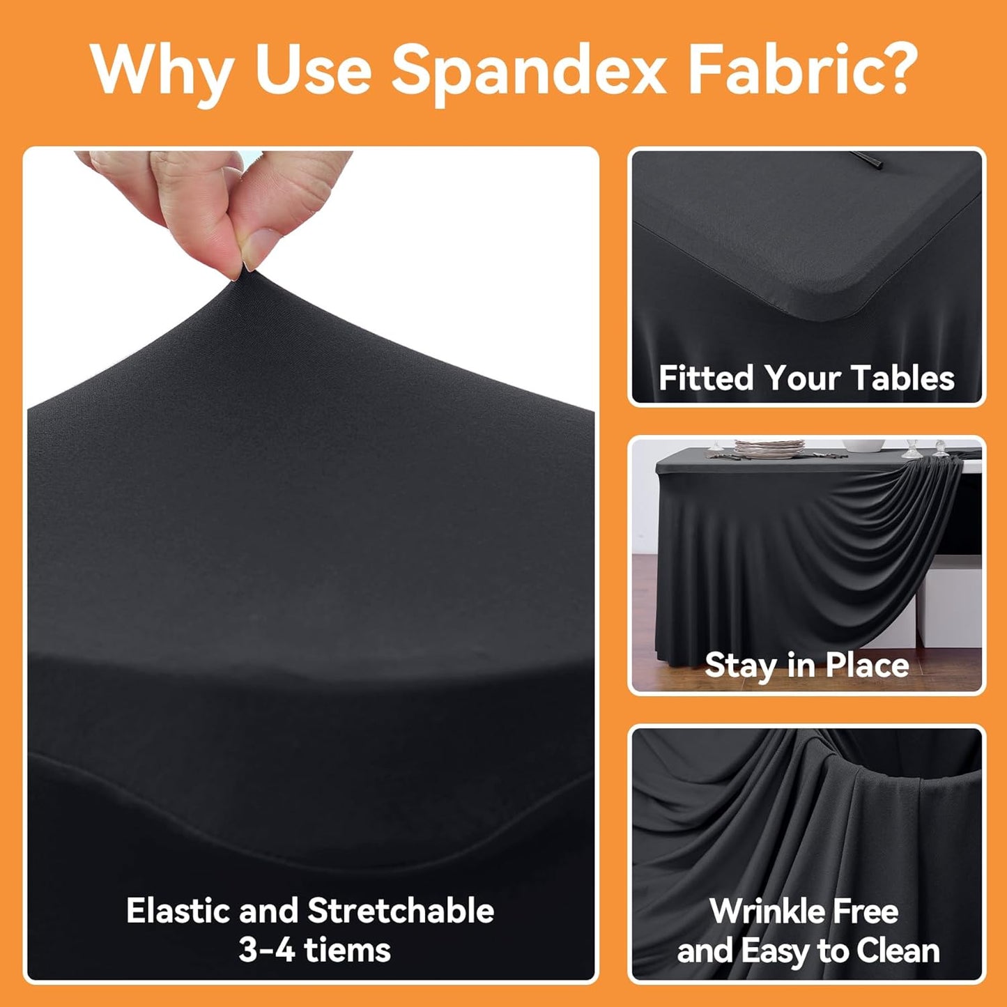 6 Pack Black Fitted Spandex Table Cloth Rectangle 8ft, Wrinkle Free High-Stretch Skirted Tablecloths for 8 Foot Rectangle Tables, Decor Parties Weddings Birthday Banquet Spandex Table Cloths Cover