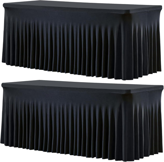 Besutolife 2 Pack Black Spandex Tablecloth for 8ft Rectangle Tables Fitted Table Cloth Stretch Table Covers Skirt 8ft Rectangular Tablecloths for Banquet Parties Wedding Decorations