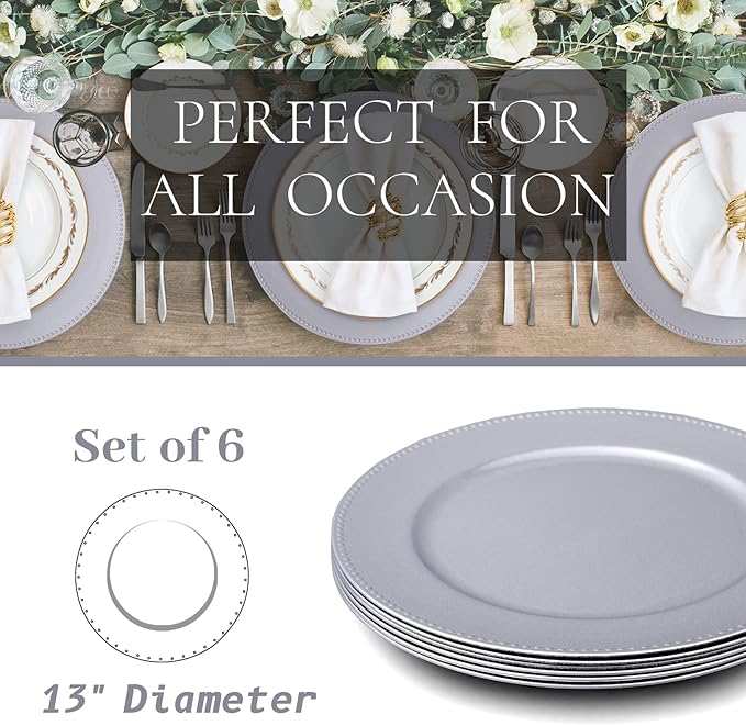 MAONAME Silver Charger Plates Set of 6, Round Dinner Chargers with Beaded, 13 Inch Plastic Plate Chargers for Wedding, Table Decor