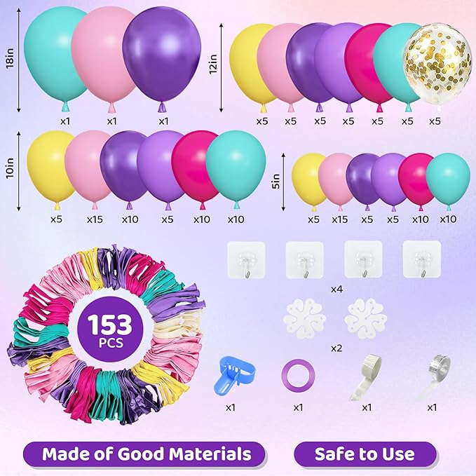 Amandir 153pcs Purple Blue Pink Balloon Garland Arch Kit, Different Sizes 18 12 10 5 inch Teal Yellow Latex Metallic Confetti Balloons for Magic Birthday Engagement Party Decoration