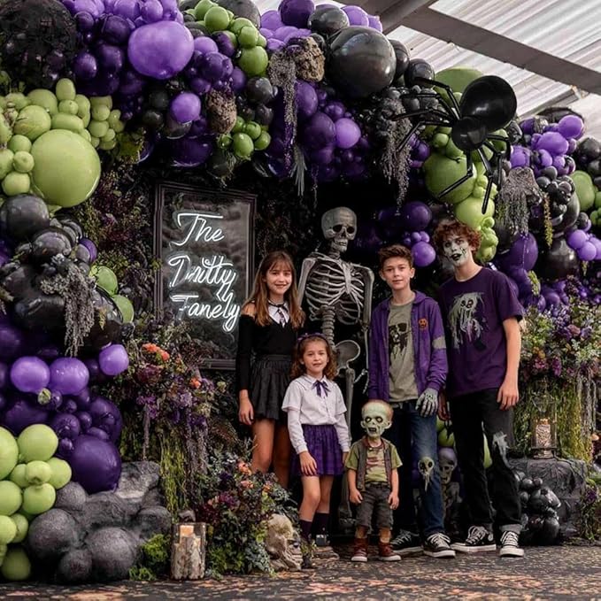 Green Purple Black Balloons Double Stuffed, Halloween Balloon Arch Garland Kit in Dark Purple Dusty Olive Green Color with Black Long Latex for Halloween Birthday Baby Shower Boo Spooky Party Decor