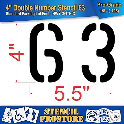 Pavement, Curb, and WheelStop Stencils - 4 inch Double Number Stencil - (63) - 4" x 5.5" x 1/8" (128 mil) - Pro-Grade