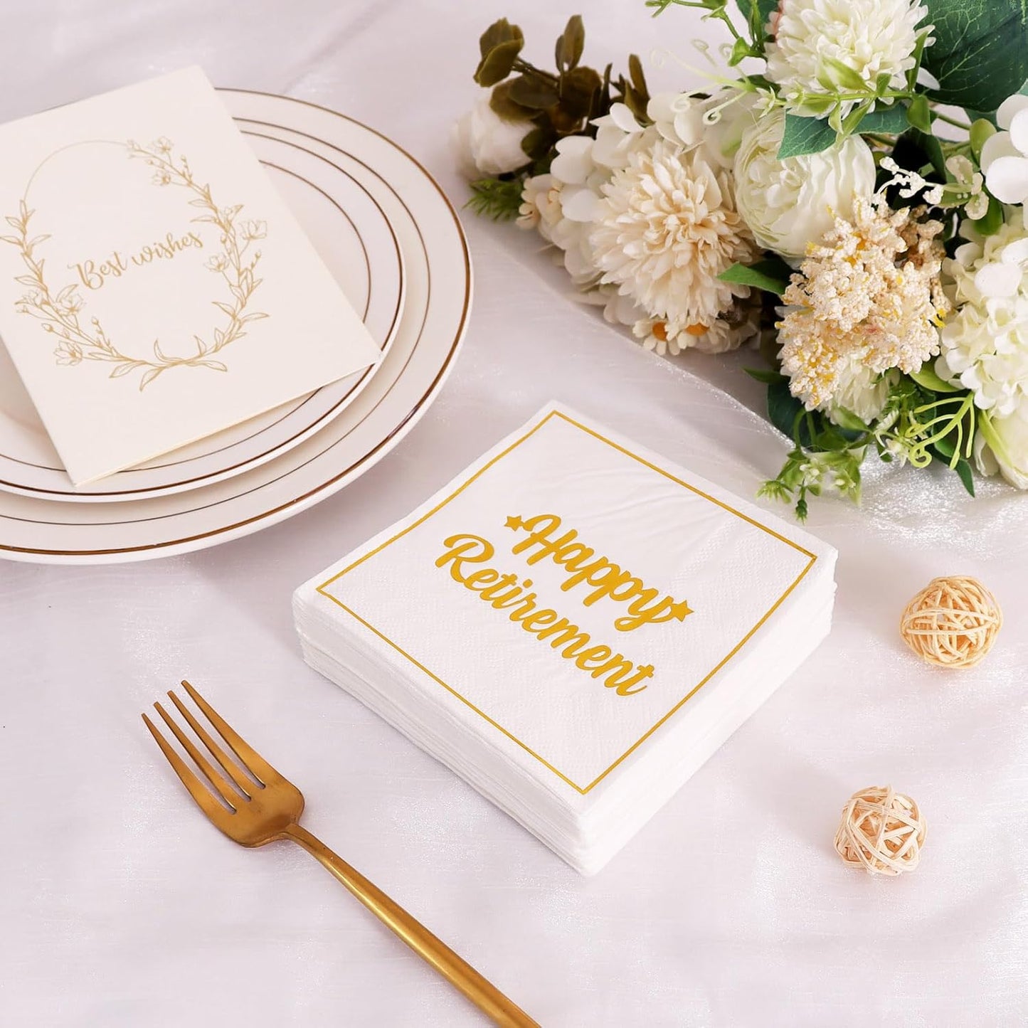 Vuzvuv 50 Pack Happy Retirement Cocktail Napkins - Disposable Paper Hand Napkins for Retirement Parties Farewell Gatherings Office Send-Off Party Decorations Table Decor (5" Folded 2 Ply - White)