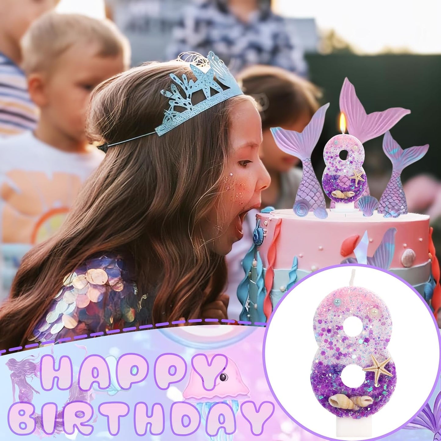 Purple Mermaid Party Number 8 Cake Candles, 2.76 inch Birthday Candle, Cake Topper Decoration for Birthday Party (Number 8)