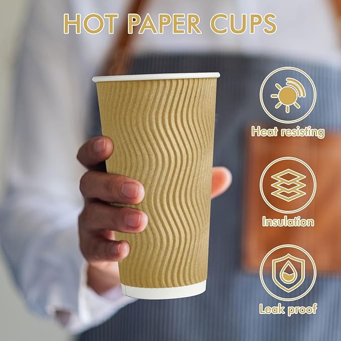 16 oz Coffee Cups, 90 Count Insulated Ripple Wall Paper Hot Coffee Cups for Hot Beverage