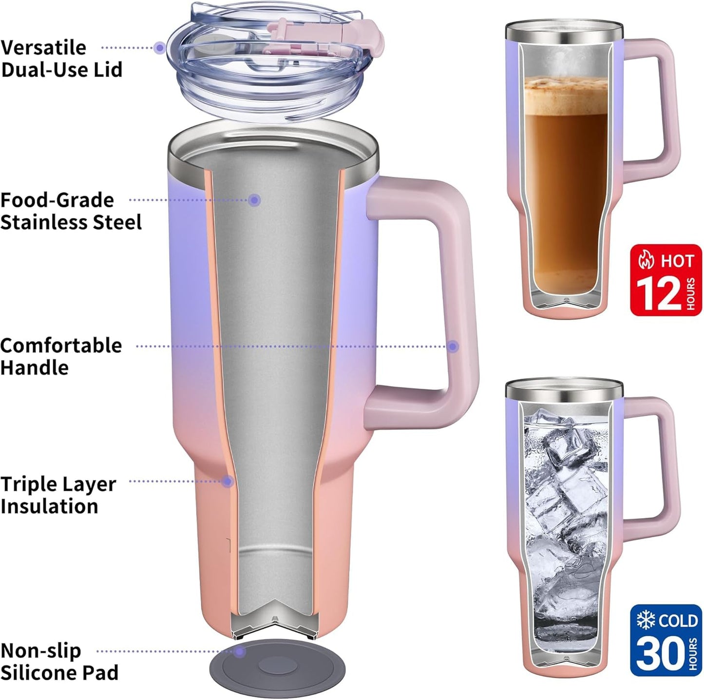 THILY 40 oz Stainless Steel Tumbler with Handle - Vacuum Insulated Travel Cup, Splash-Proof & Leakproof Lid, 2 Straws & Brush | Keeps Cold 34H/Hot 12H, Cupholder Friendly, Lavender Dream