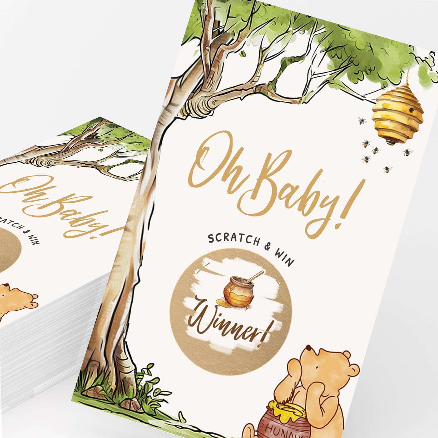 Printed Party Winnie Baby Shower Games – Scratch Off Game with Classic Pooh Theme, Gender Neutral for Boy or Girl, 30 Cards & Stickers