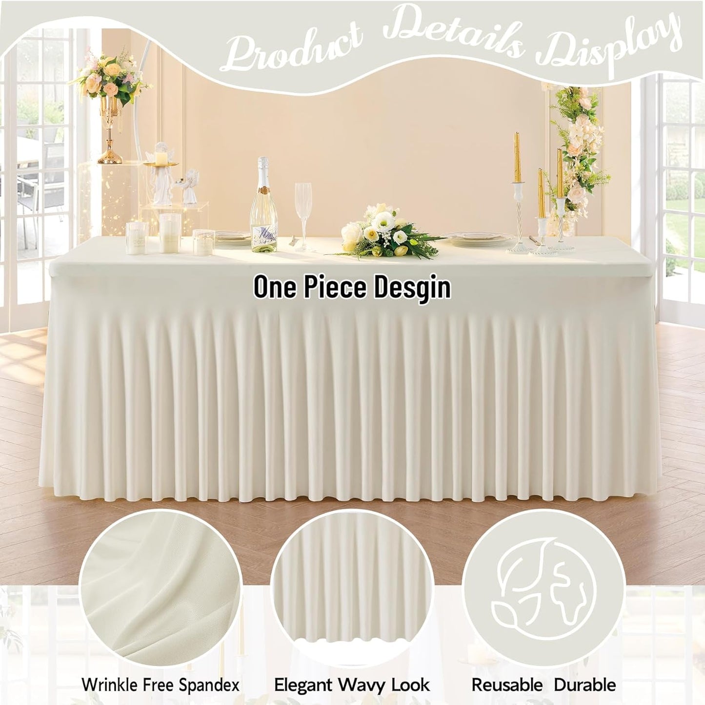 Leegleri 4 Pack Ivory Spandex Tablecloths for 8ft Rectangle Tables, Wrinkle Free Fitted Table Cloths with Skirt for Parties, Weddings, Birthday, Banquet, Baby Shower