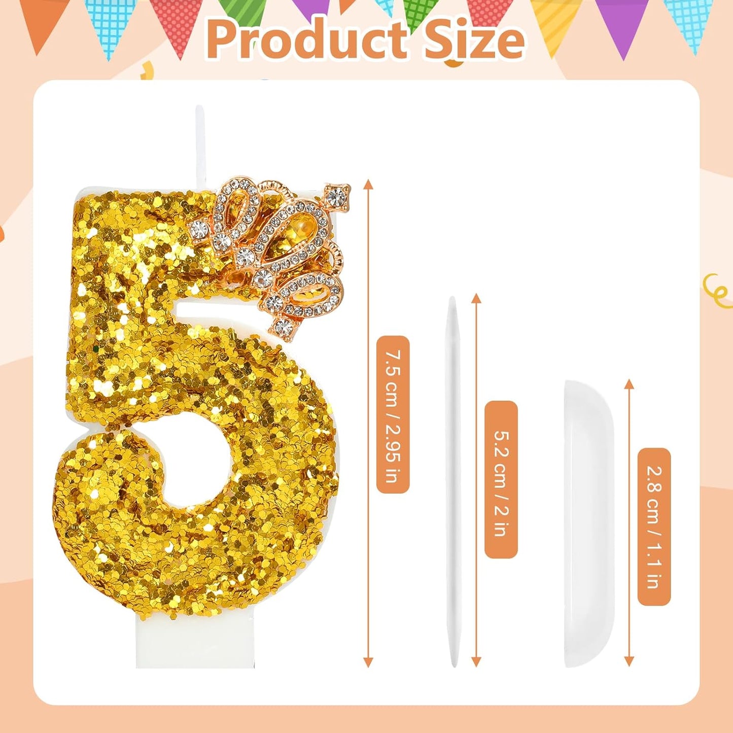 Gold Birthday Candle Crown Number 5 Candle with Sequins Cake Candles Cupcake Decorations Party Decor for Anniversary Celebrations Supplies