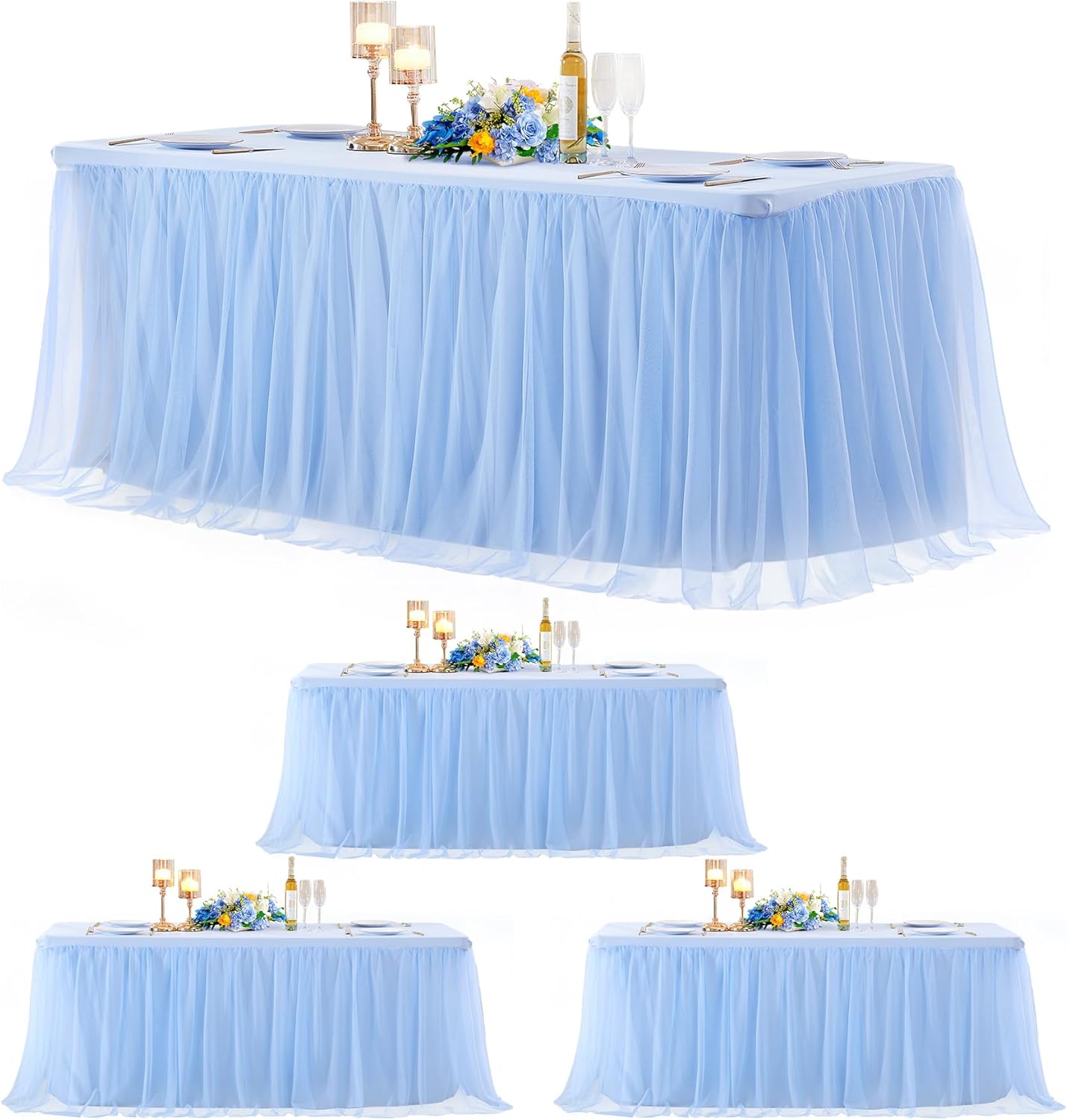 4 Pack 6ft Baby Blue Tulle Tablecloths for Rectangle Tables 72 x 30 Inch Rectangular Table Cloth Wrinkle Free Table Cover with Tutu Skirt for Baby Shower Birthday Party Banquet Buffet Cake Decorations