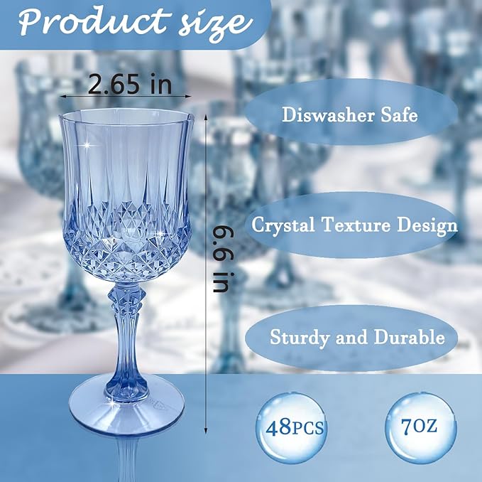Plastic Wine Glasses, Plastic Goblets Vintage Style Cordial Unbreakable Drinking Glasses for Wedding Reception, Grand Event Party Supplies, Easte (48, Blue) | Plastic Goblets, for Parties, Drinking Glasses