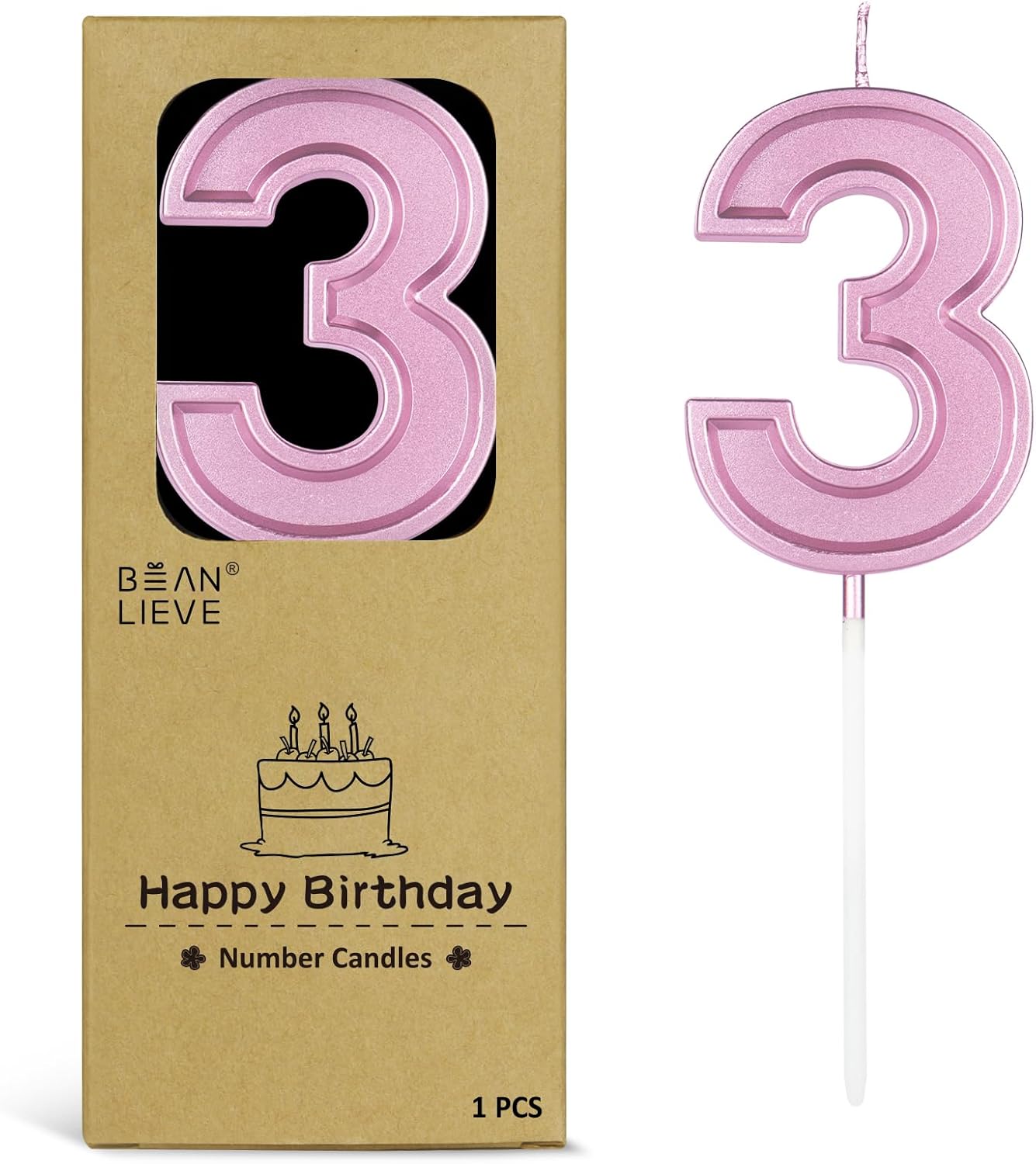 BEAN LIEVE Rose Gold Birthday Candles Number 3, Rose Gold Number Candles, Cake Number Candles for Birthday Parties and Wedding Anniversary Celebrations
