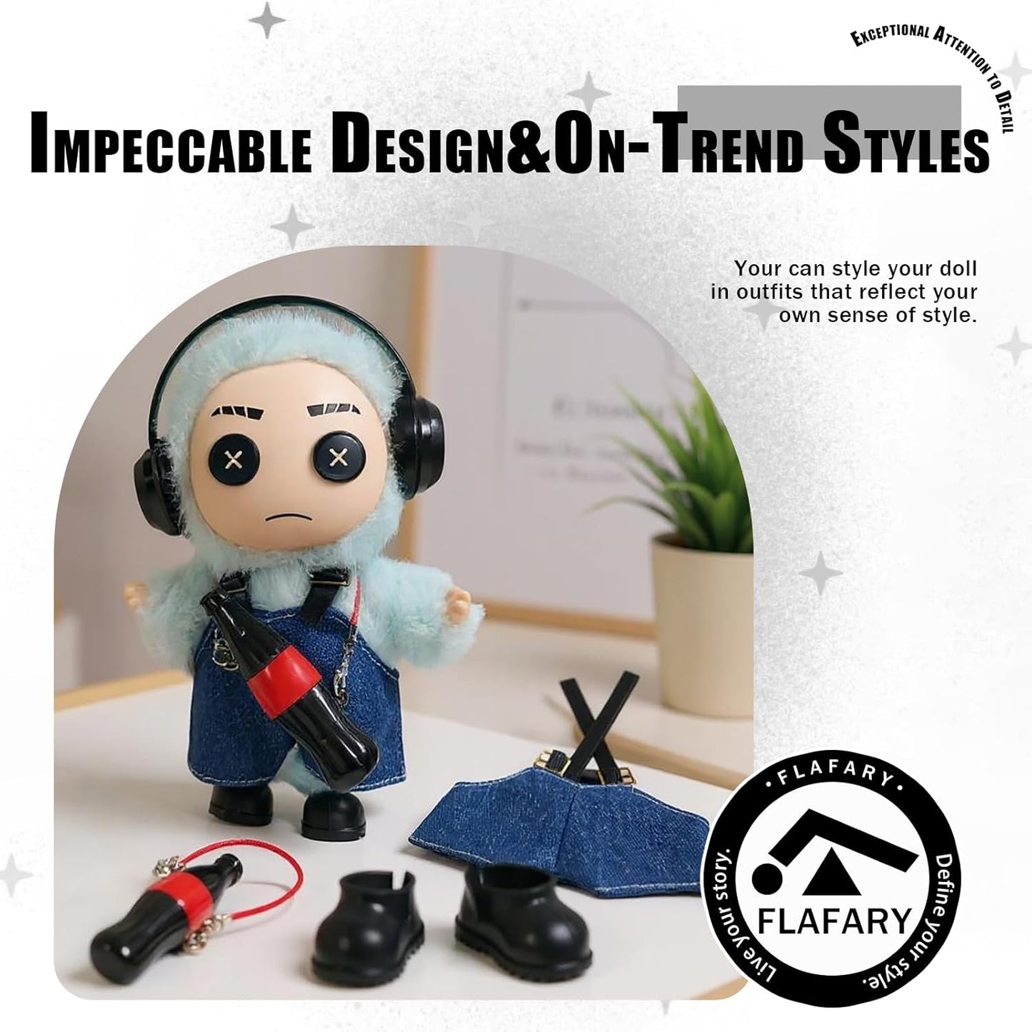 Doll Clothes for 17cm Dolls (No Doll Included) - Stylish and Adorable Outfits for Boys and Girls, Toy Fashion Accessories, Include Headphones, Small Bottle Pendant, Canvas Shoes(Black)