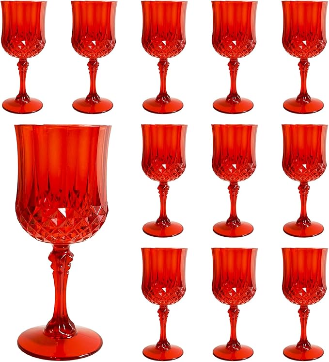 Plastic Wine Glasses, Plastic Goblets Vintage Style Cordial Unbreakable Drinking Glasses, Reusable Drinkware for Wedding Reception, Grand Event Party Supplies, Easter (12, Red)