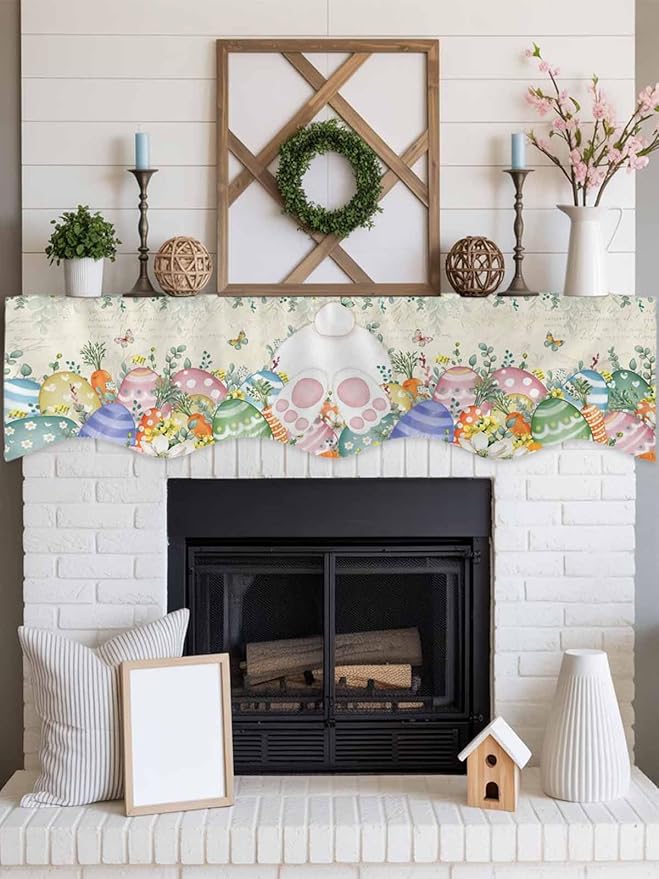 Cute Easter Bunny Fireplace Mantel Scarf Table Runner, Eucalyptus Leaves Colorful Eggs Beige Winter Garland Mantel Top Tablerunners Dresser Scarves Cover for Windows Party Living Room 60''x17''