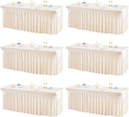 6 Packs Ivory Spandex Table Clothes for 6 Foot Rectangle Table, Spandex Table Covers 6FT Stretch Table Skirts Rectangle Tables Wrinkle Free Fitted Table Cover for Event, Wedding, Banquet & Parties