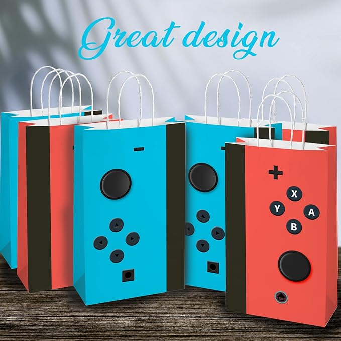 wjrsxilt 16 Pcs Gamer Party Favors Bags with Handles, Game Controller Gift Bags Video Game Goodie Bag,with 2 Different Types, Gaming Kraft Paper Bag for Birthday Party Supplies Decorations
