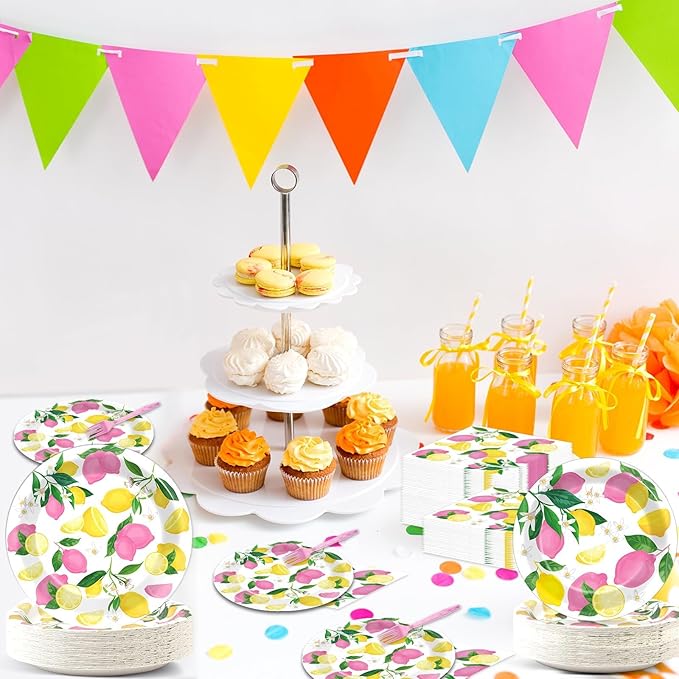 OBUSATT 96Pcs Pink Lemon Party Supplies Lemon Paper Plates Napkins Lemons Summer Party Decorations Pink Lemonade Dinnerware Party Favor Birthday Party Picnic HomeTableware Serves 24