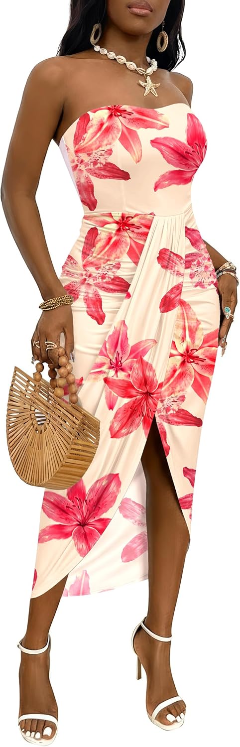 Umenlele Women's Strapless Ruched High Waist Wrap Split Asymmetrical Beach Maxi Long Dress