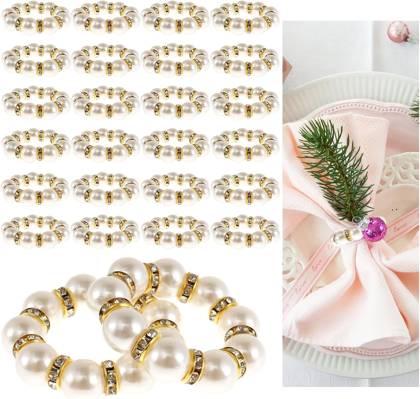 24 Pcs Gold Napkin Rings Set, Imitation Pearl Napkin Ring Holders, Disposable White & Gold Beaded Napkins Rings for Wedding Party Home Reunion Decorations