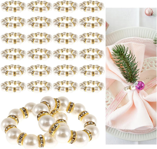 24 Pcs Gold Napkin Rings Set, Imitation Pearl Napkin Ring Holders, Disposable White & Gold Beaded Napkins Rings for Wedding Party Home Reunion Decorations