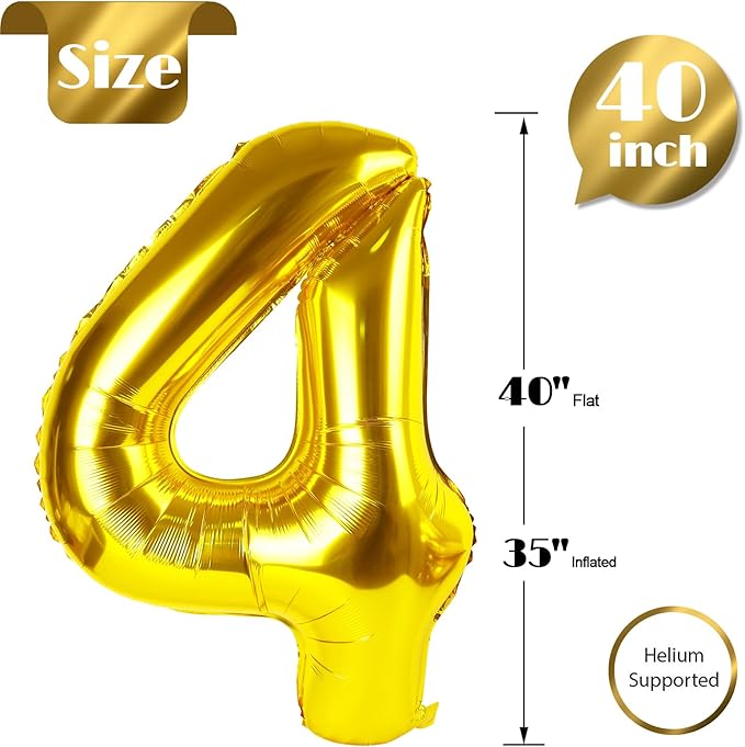 Gold 4 Balloon, Number Balloon 40 Inch, 4th Gold and Black Party Decorations, Four Large Numbers for Party Decor, Number 4 Balloon