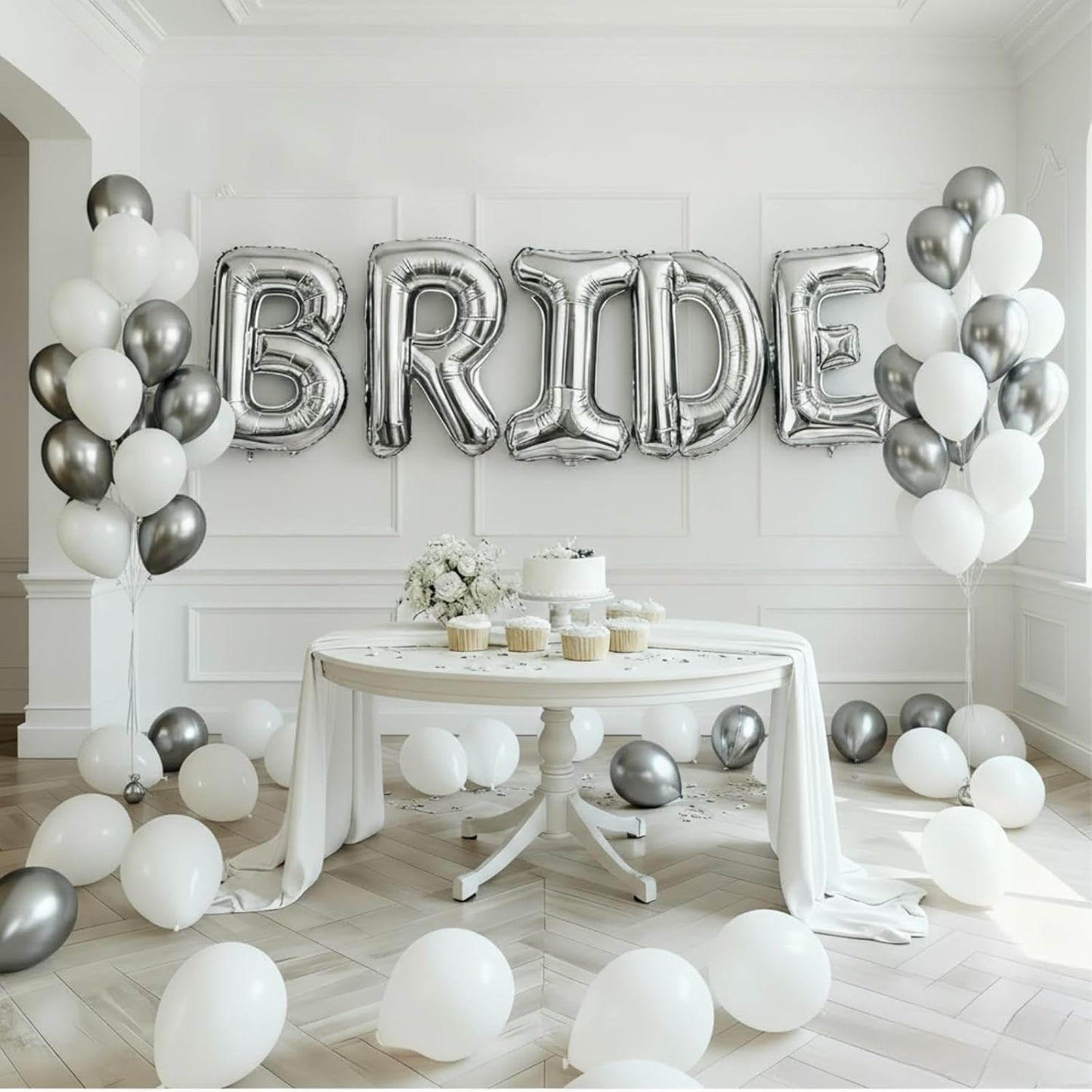 40Inch BRIDE Balloons Silver-Metallic Silver Pearl White Balloons with Large Silver BRIDE Foil Banner Letter Sign for Wedding Bridal Shower Engagement Bachelorette Party Decorations