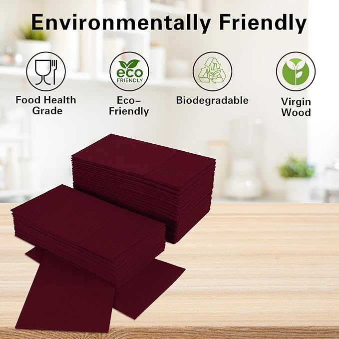 Dark Burgundy Napkins Hand Towels Disposable, Linen-Feel Dinner Napkins with Prefolded Built-in Flatware Pocket, Guest Paper Hand Towels For Wedding, Dinner Or Party (16x16in, 50Pack）