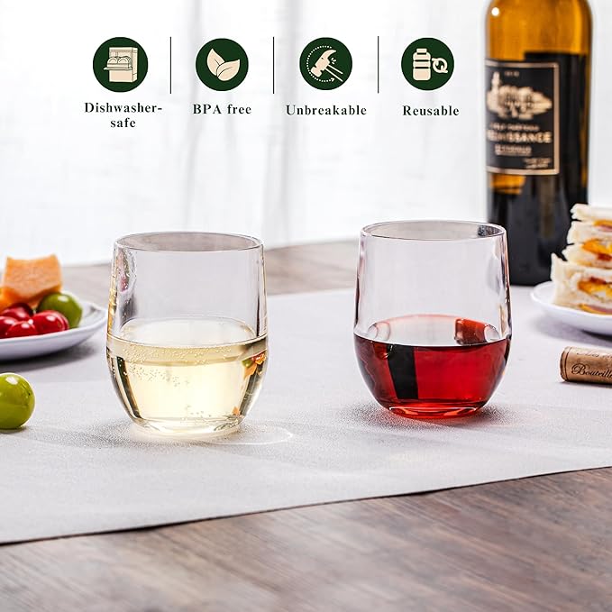 14oz Clear Thick Stemless Wines Cups (Set of 6), Shatter-Proof Acrylic Old-fashioned Glasses, Reusable Plastic Bar Glasses, BPA-Free, Dishwasher-Safe